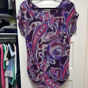 Silk Gibson Purple and Pink Graphic Ruched Blouse